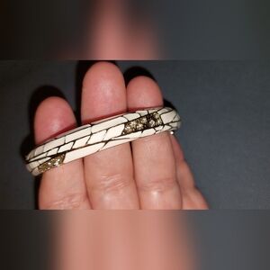 Cream and Gold Bangle Clamper Bracelet With Clear Stones